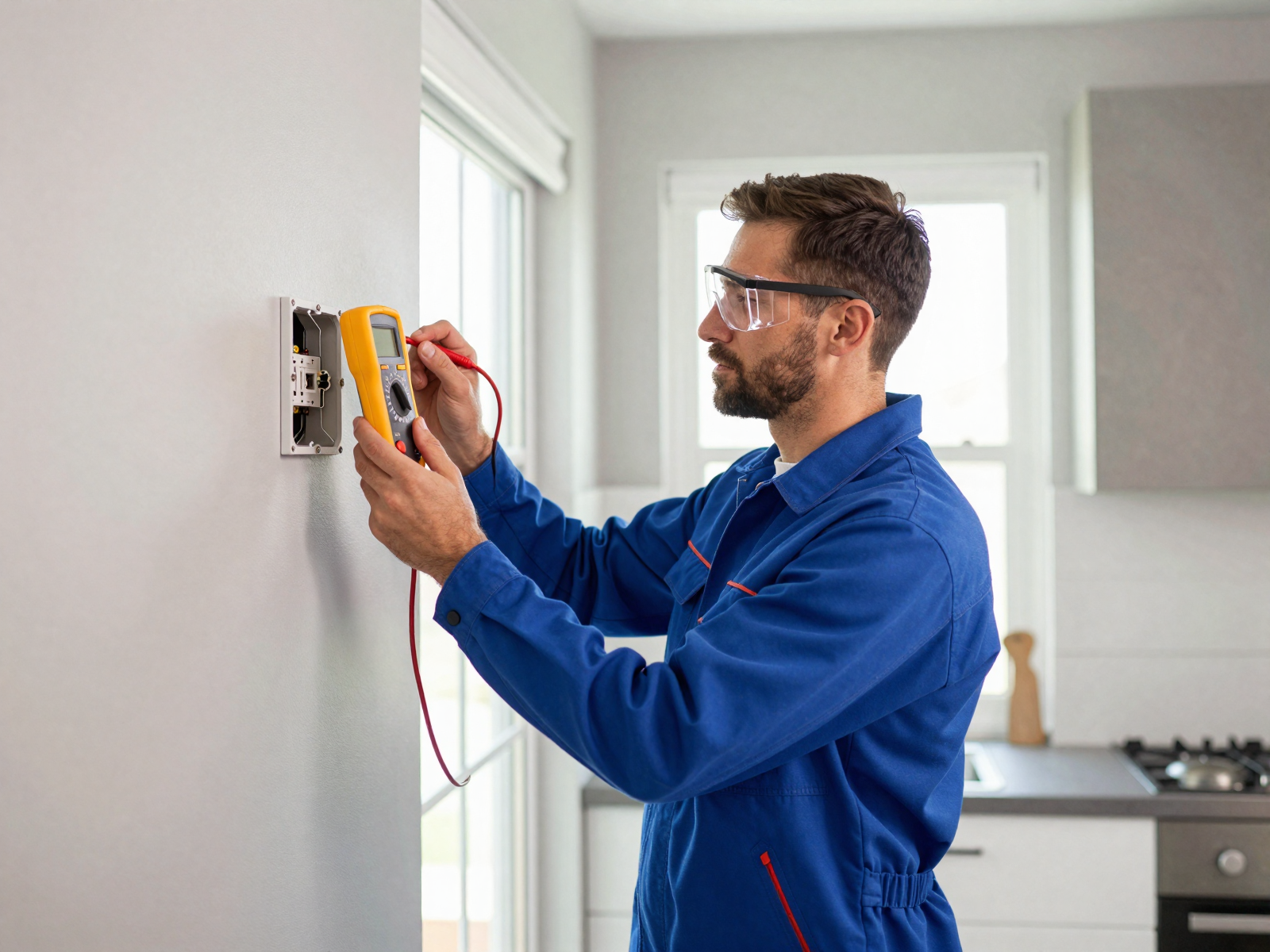 Electrician using digital multimeter for electrical diagnostics